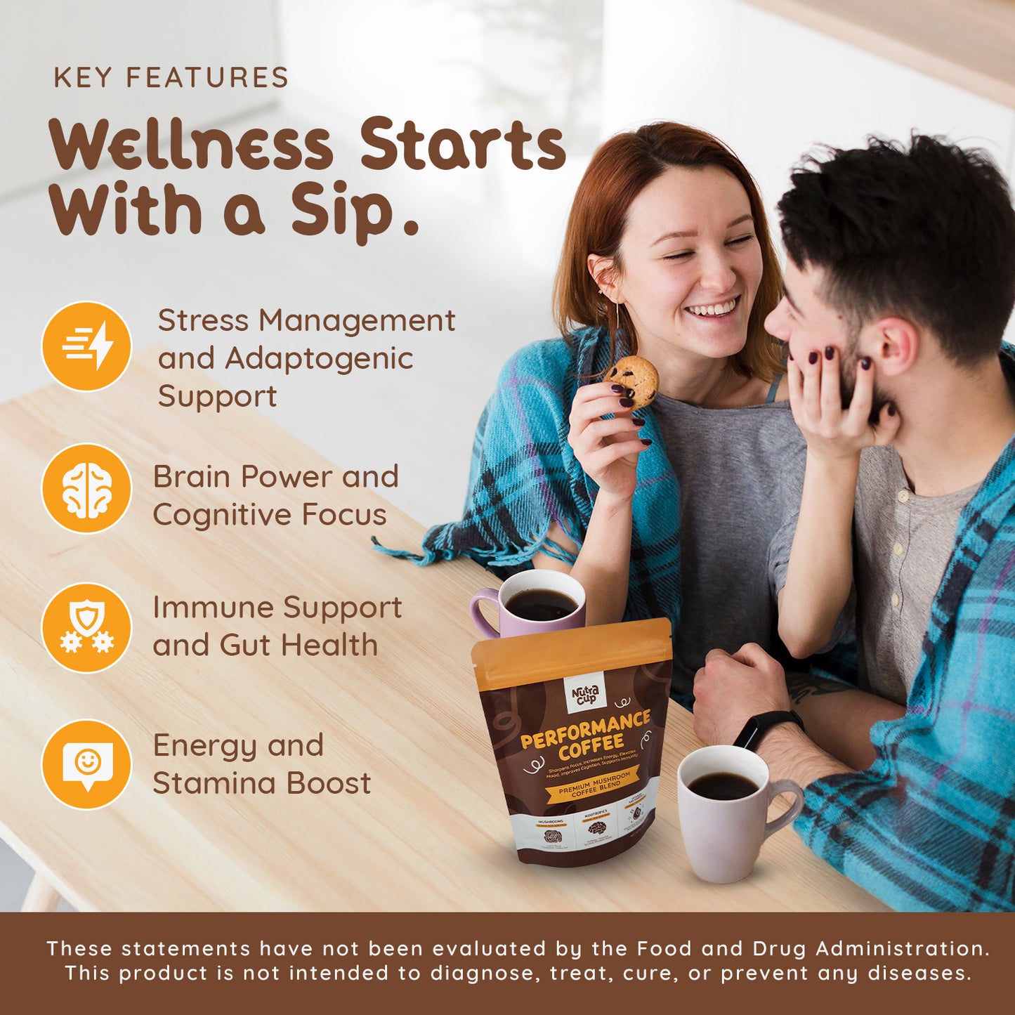 NutraCup Performance Mushroom Coffee with Nootropics for Better Focus, Energy, Digestion, and Immunity - 30 Servings