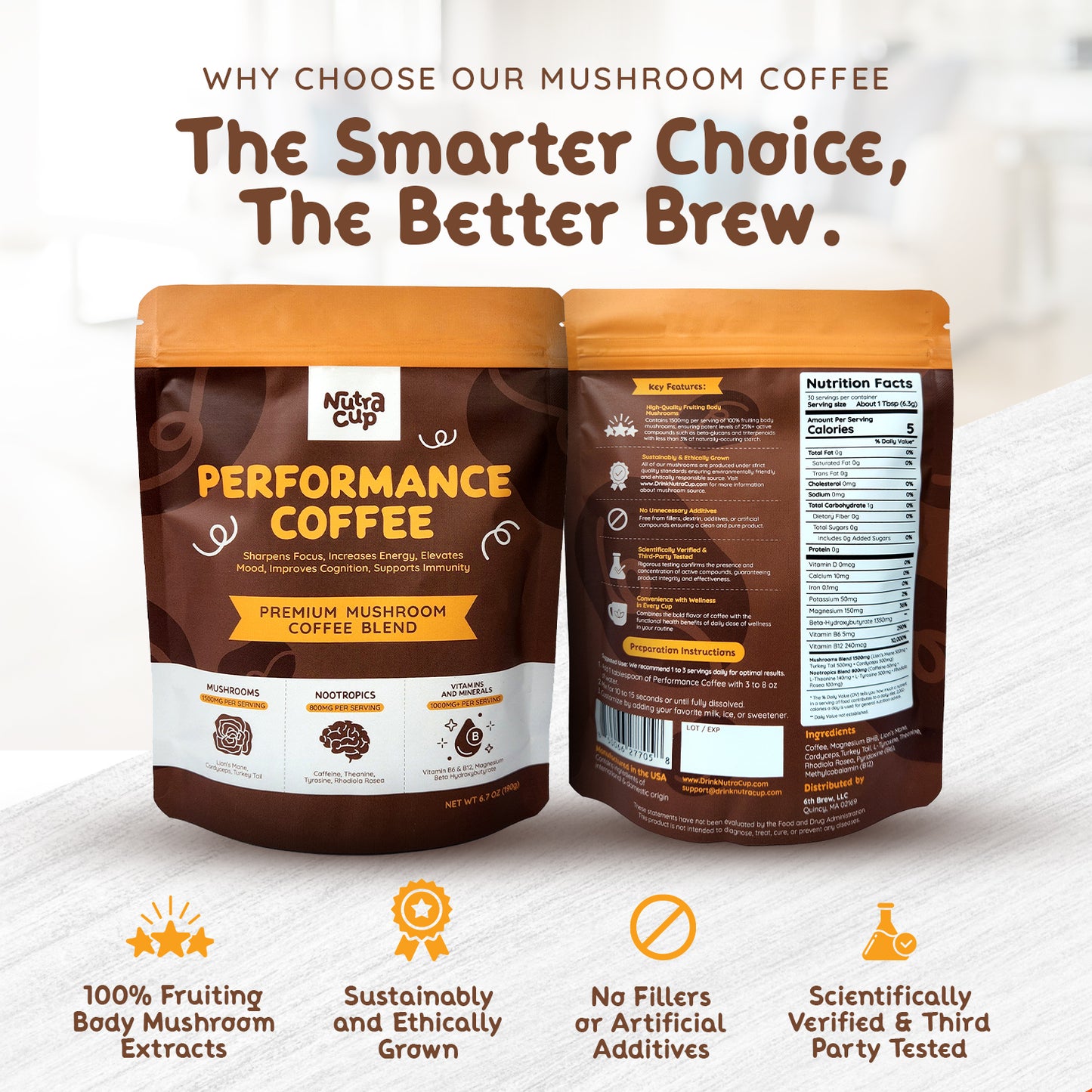 NutraCup Performance Mushroom Coffee with Nootropics for Better Focus, Energy, Digestion, and Immunity - 30 Servings