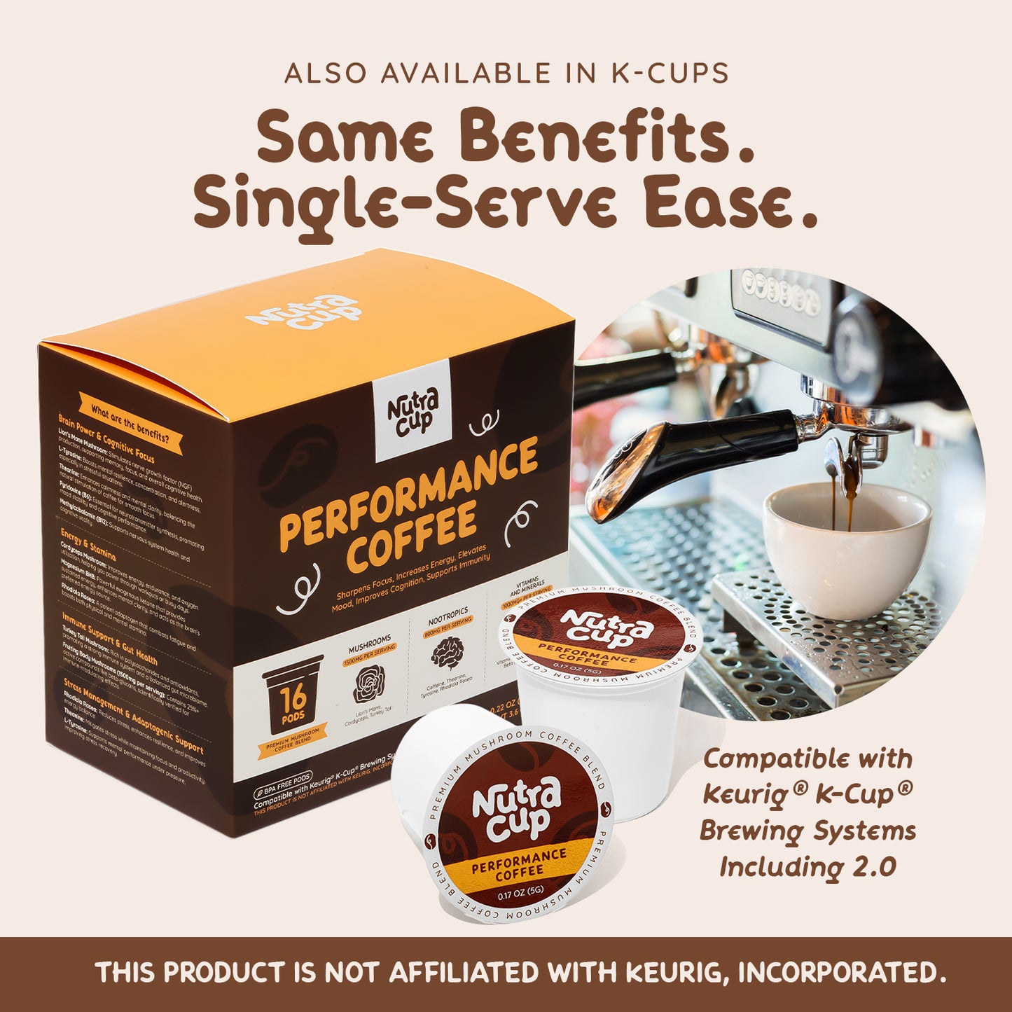 NutraCup Performance Mushroom Coffee with Nootropics for Better Focus, Energy, Digestion, and Immunity - 30 Servings